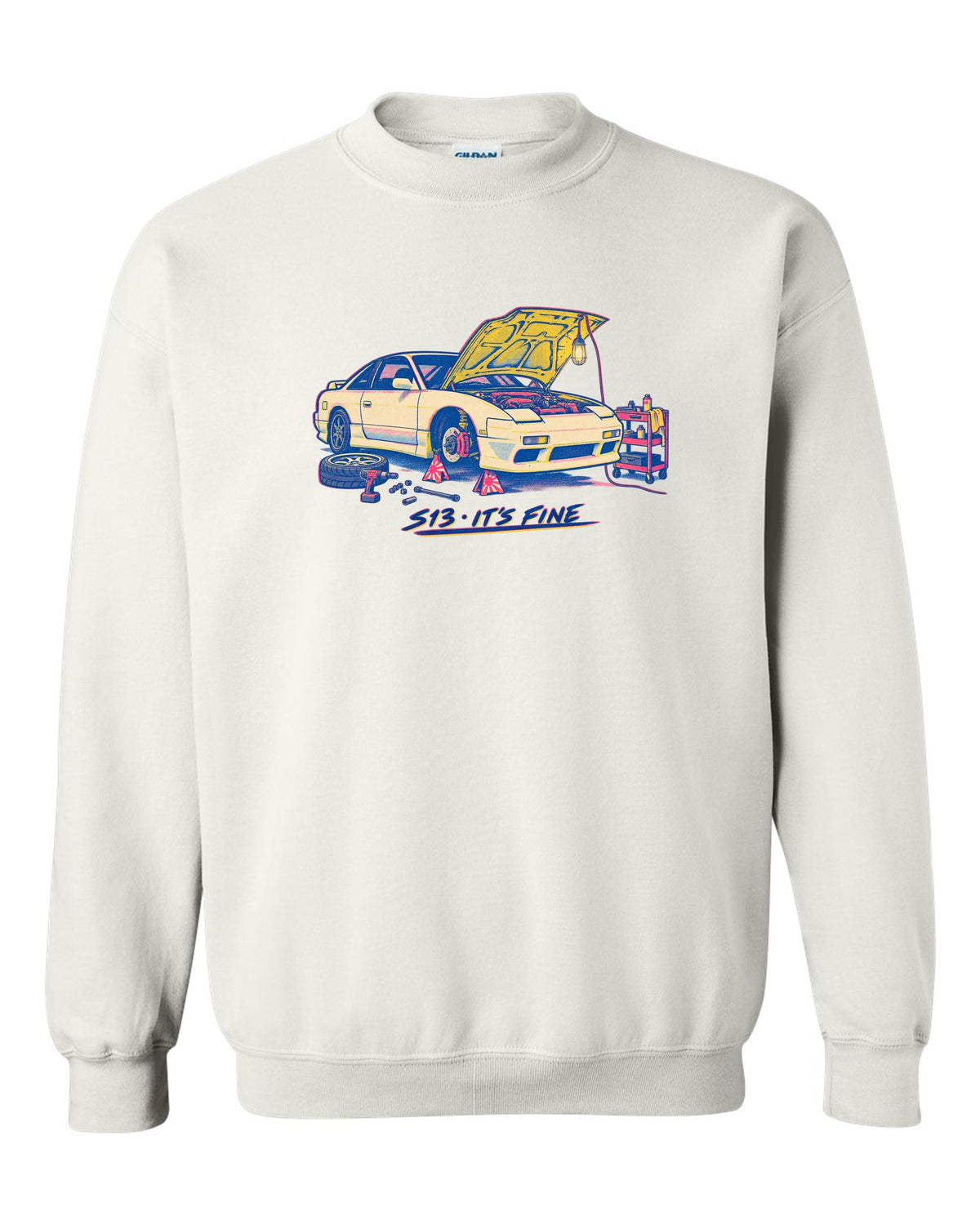 Risograph workshop print of a Nissan S13 with S13 it's fine lettering white crewneck front view with the design