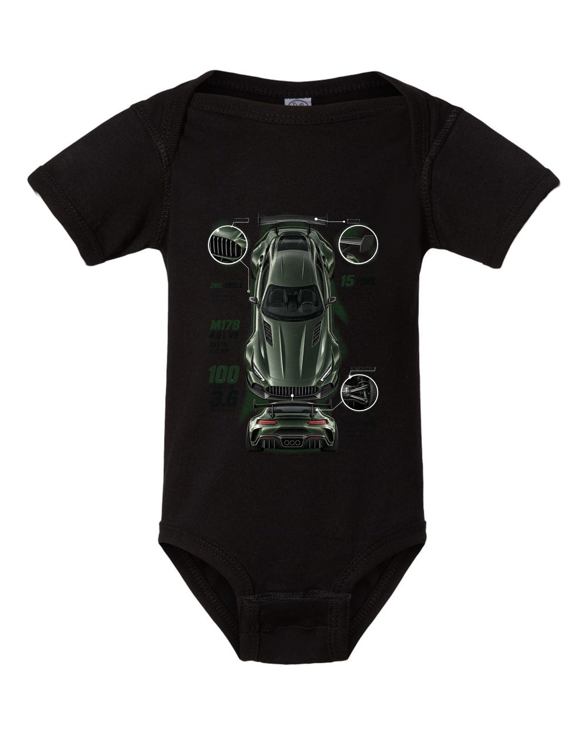 Spec poster print of a Mercedes-AMG GT R C190 with 100 km/h in 3.6 and 15 fins lettering black baby onesie front view with the design