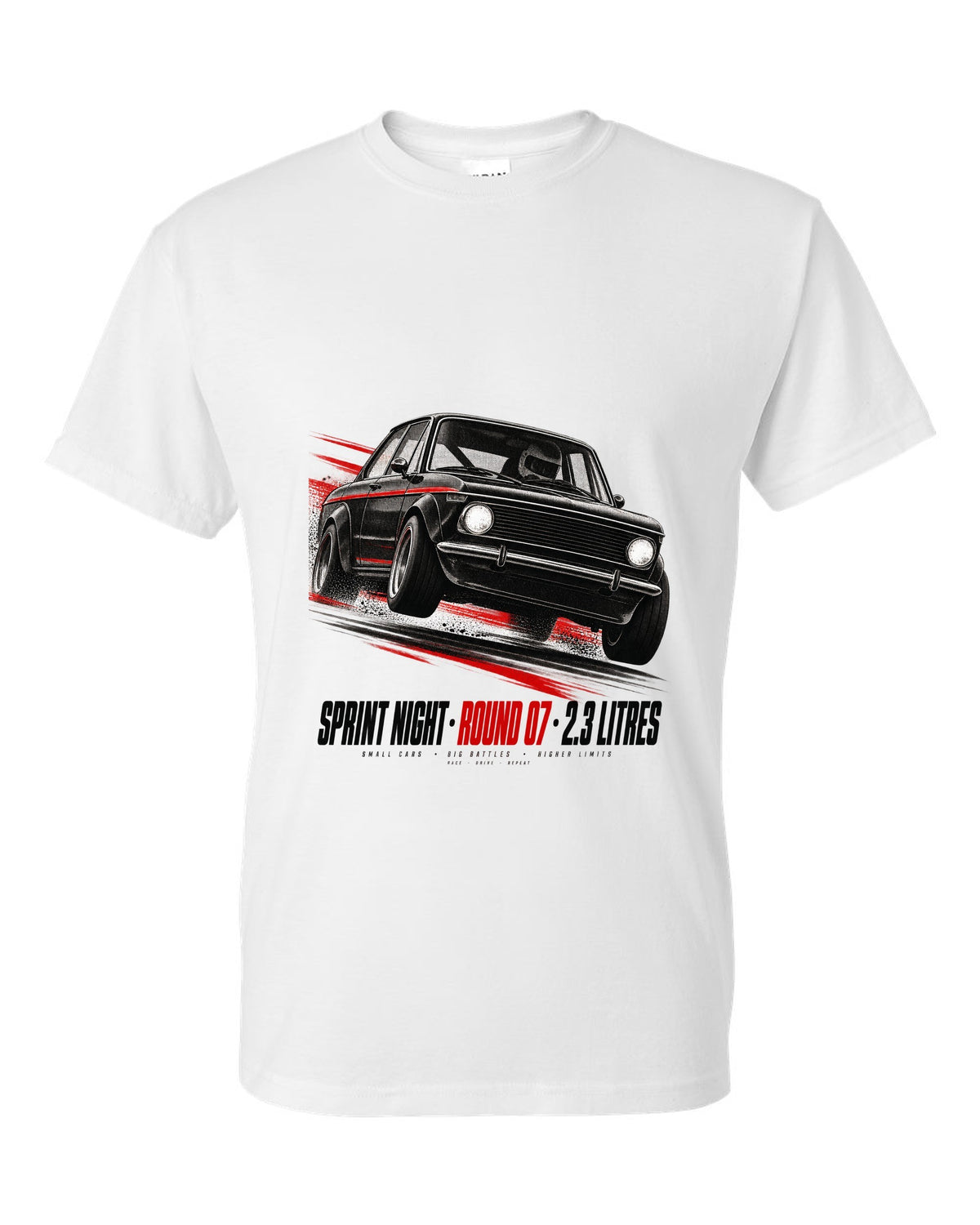 BMW E30 M3 race poster print titled Sprint Night Round 07 with 2.3 litres text white t-shirt front view with the design
