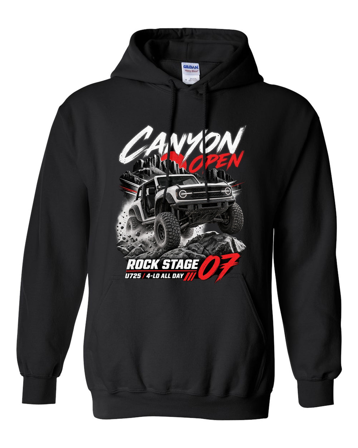 Ford Bronco 2021 two-door U725 race poster print with Rock Stage 07 and 4-Lo text black pull over hoodie front view with the design