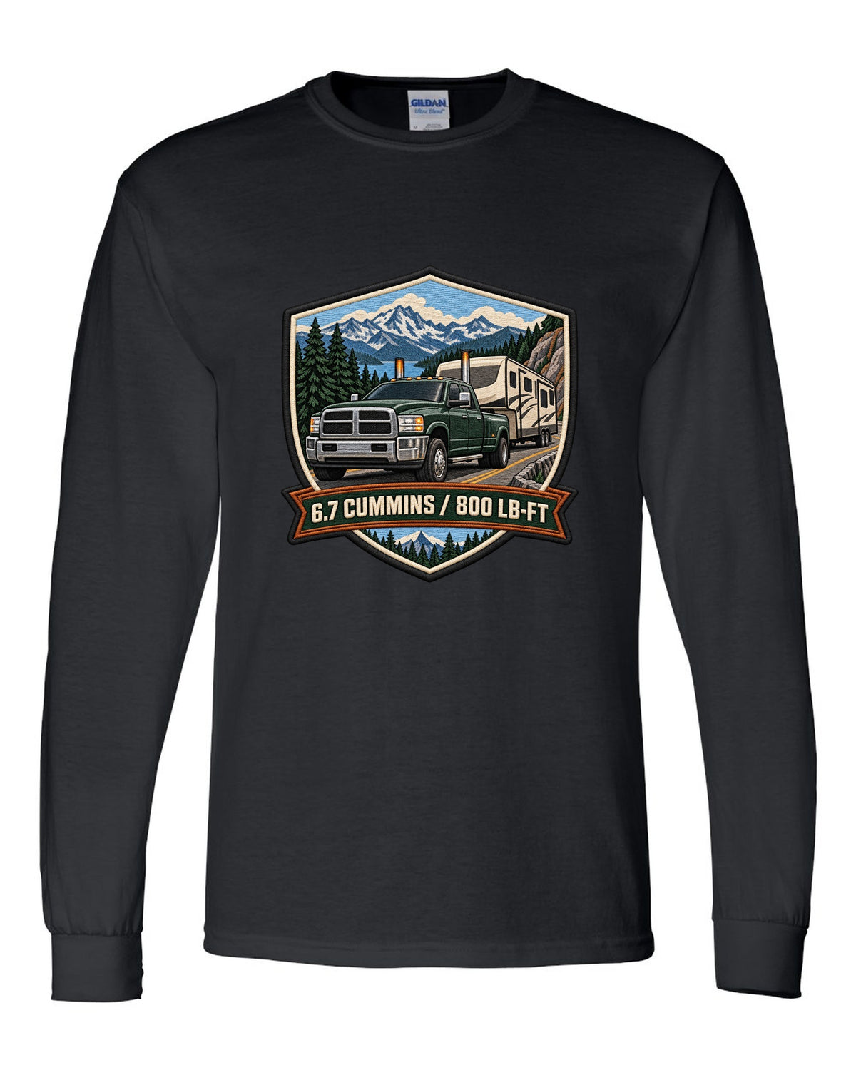 Varsity crest of a 2010-2018 Ram 2500 4th gen towing a camper with 6.7 Cummins 800 LB-FT lettering black long sleeve front view with the design