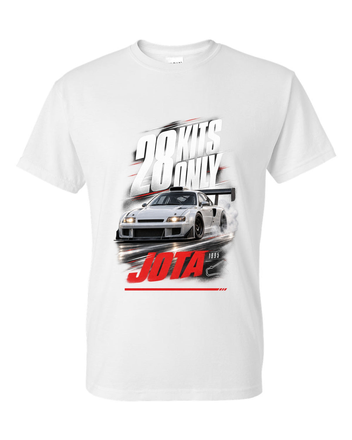 Race poster print of a Lamborghini Diablo SE30 Jota with 28 kits only text white t-shirt front view with the design