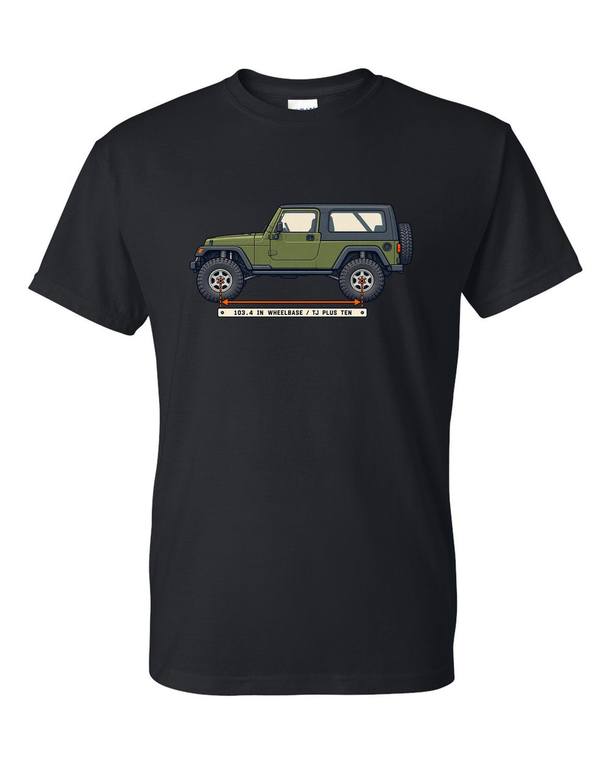 Patent-style line drawing of a Jeep Wrangler LJ Unlimited with 103.4 IN WHEELBASE TJ PLUS TEN lettering black t-shirt front view with the design