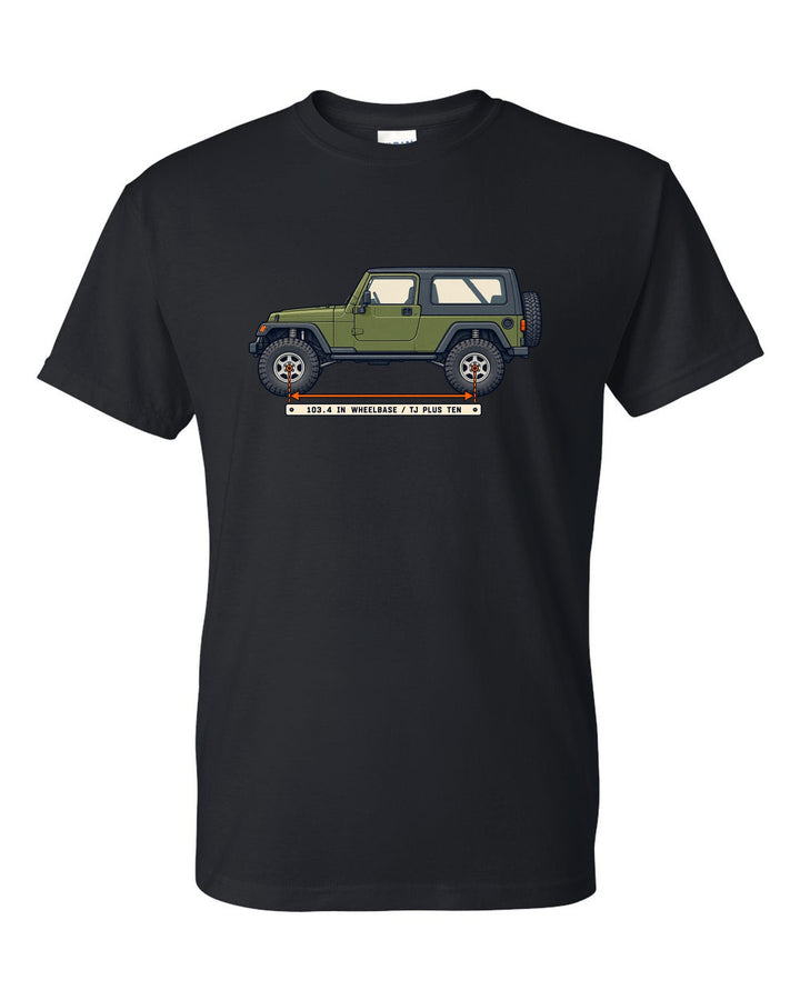 Patent-style line drawing of a Jeep Wrangler LJ Unlimited with 103.4 IN WHEELBASE TJ PLUS TEN lettering black t-shirt front view with the design