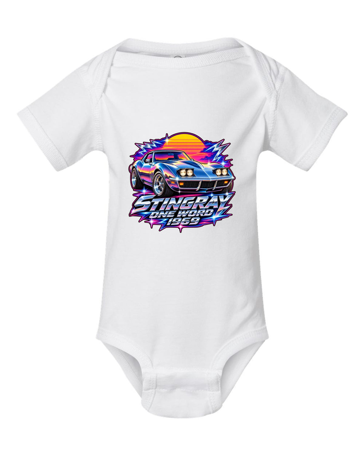 80s chrome airbrush print of a 1969 Chevrolet Corvette C3 Stingray with Stingray One Word 1969 text white baby onesie front view with the design