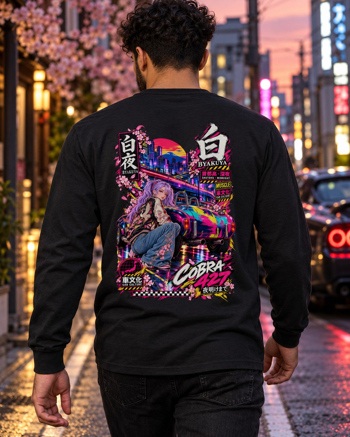 BYAKUYA COBRA 427 Anime Girl Full-Back Graphic Tee Long Sleeve Black worn hero