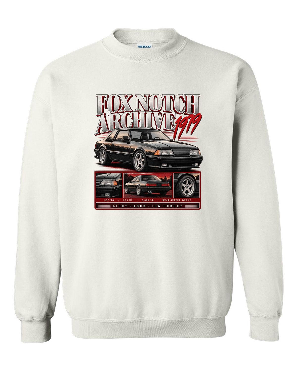 Archive panel print of a Ford Mustang Fox Body notchback coupe with spec lines white crewneck front view with the design