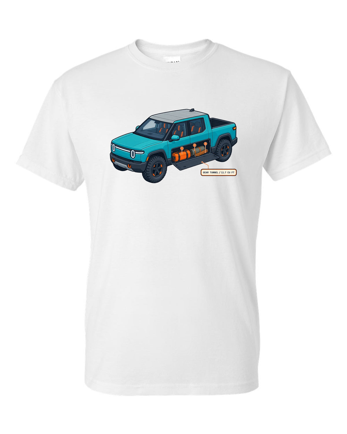 Isometric cutaway technical illustration print of a Rivian R1T reading Gear Tunnel 11.7 Cu Ft white t-shirt front view with the design