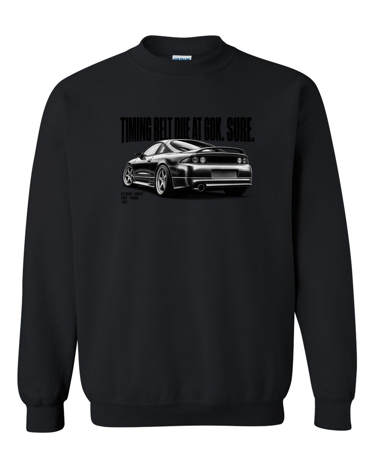 Mitsubishi Eclipse GS-T 2G DSM halftone print with timing belt joke and 4G63T text black crewneck front view with the design