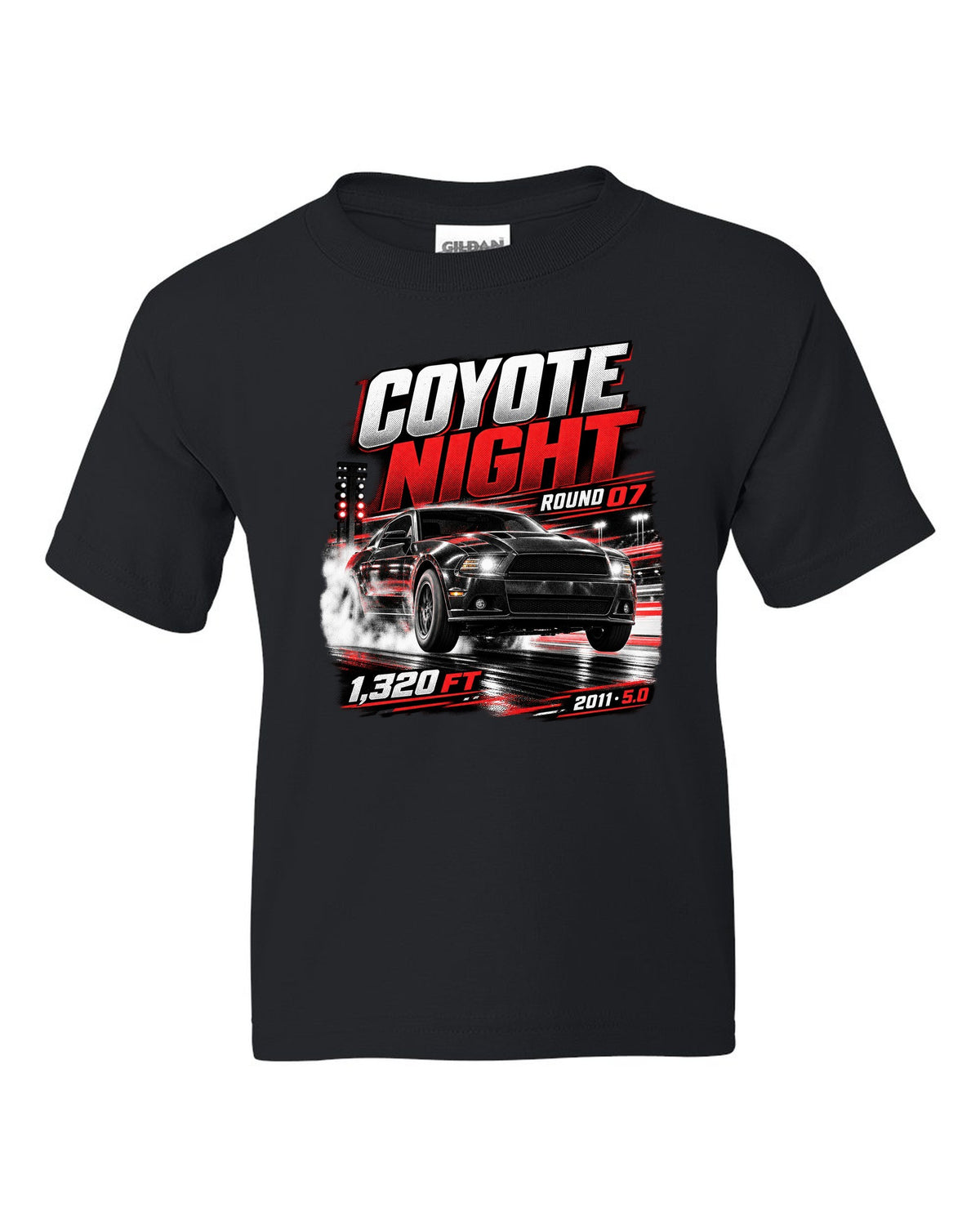 Night race poster print of a 2011 Ford Mustang S197 GT 5.0 black kids tee front view with the design