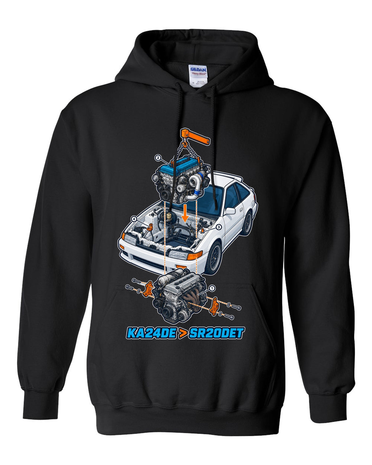 Exploded isometric engine cutaway for a Nissan S13 KA24DE to SR20DET swap black pull over hoodie front view with the design