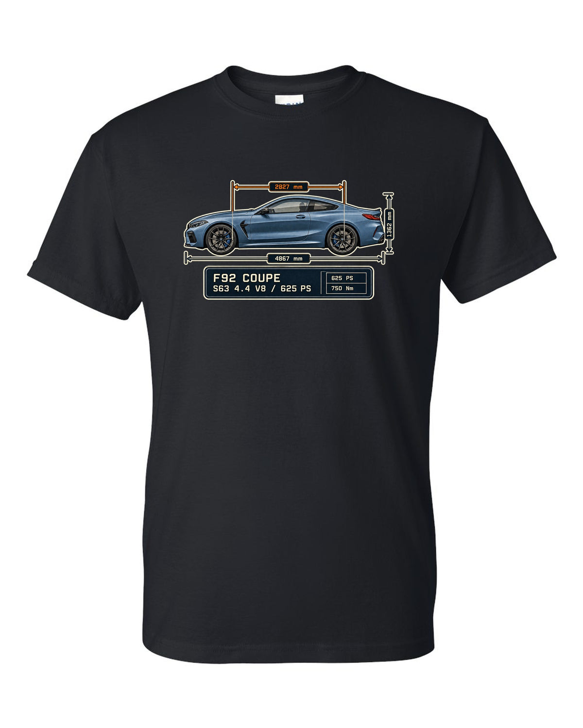 BMW M8 Competition Coupe F92 dimension blueprint print on a tee black t-shirt front view with the design