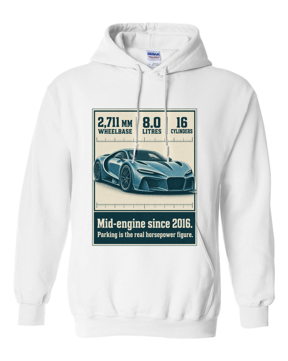 Bugatti Chiron Sport halftone print with wheelbase and engine facts white pull over hoodie front view with the design