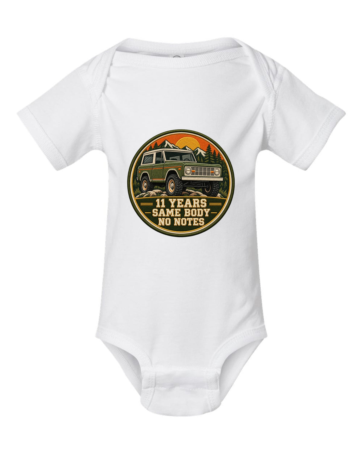 Varsity crest print for a 1966-77 Ford Bronco U15 wagon with 11 years same body text white baby onesie front view with the design