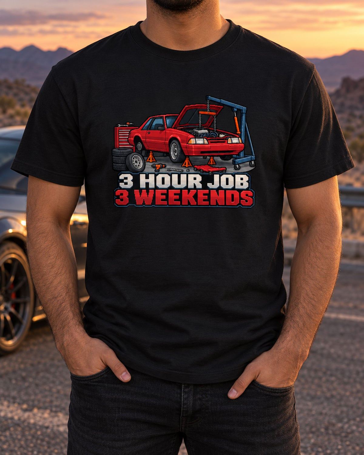 Ford Mustang Fox Body Notchback 1989 Pixel Art Workshop Shirt T-Shirt Black worn hero