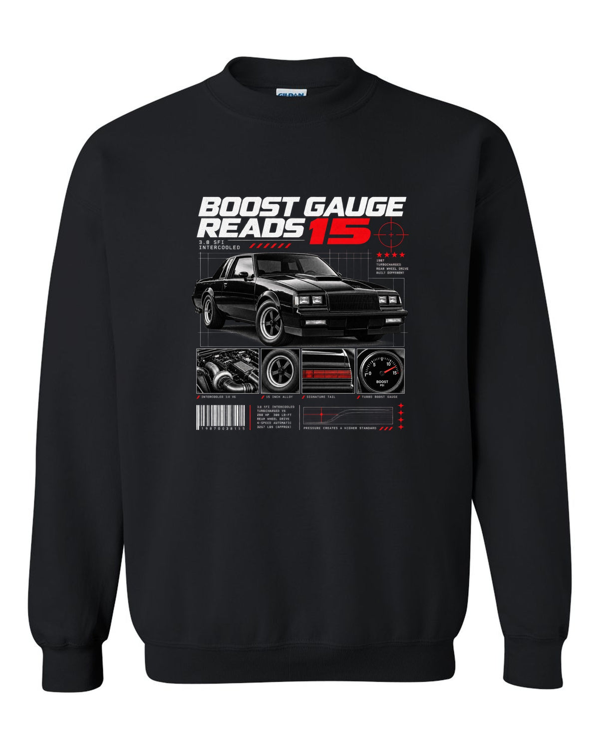 Dossier-panel print of a 1987 Buick Regal Grand National with 3.8 SFI and boost gauge notes black crewneck front view with the design