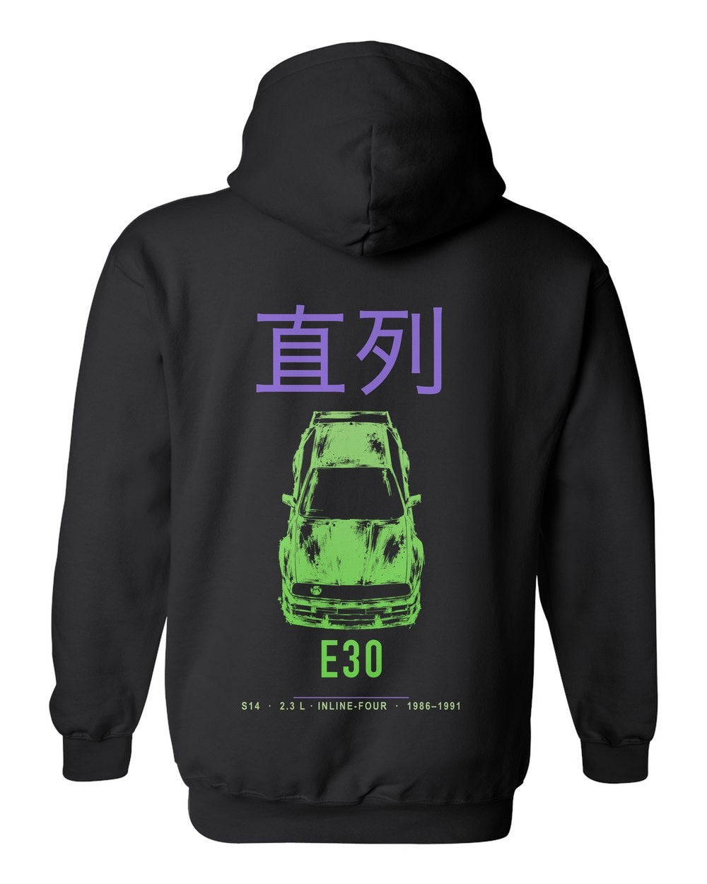 E30 full-back artwork black pull over hoodie back view with the design
