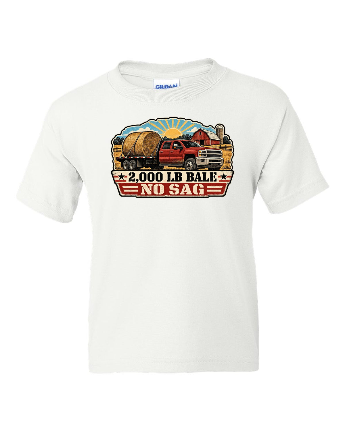 Distressed screen-print print of a 2010-2018 Ram 3500 6.7 Cummins hauling a round bale white kids tee front view with the design