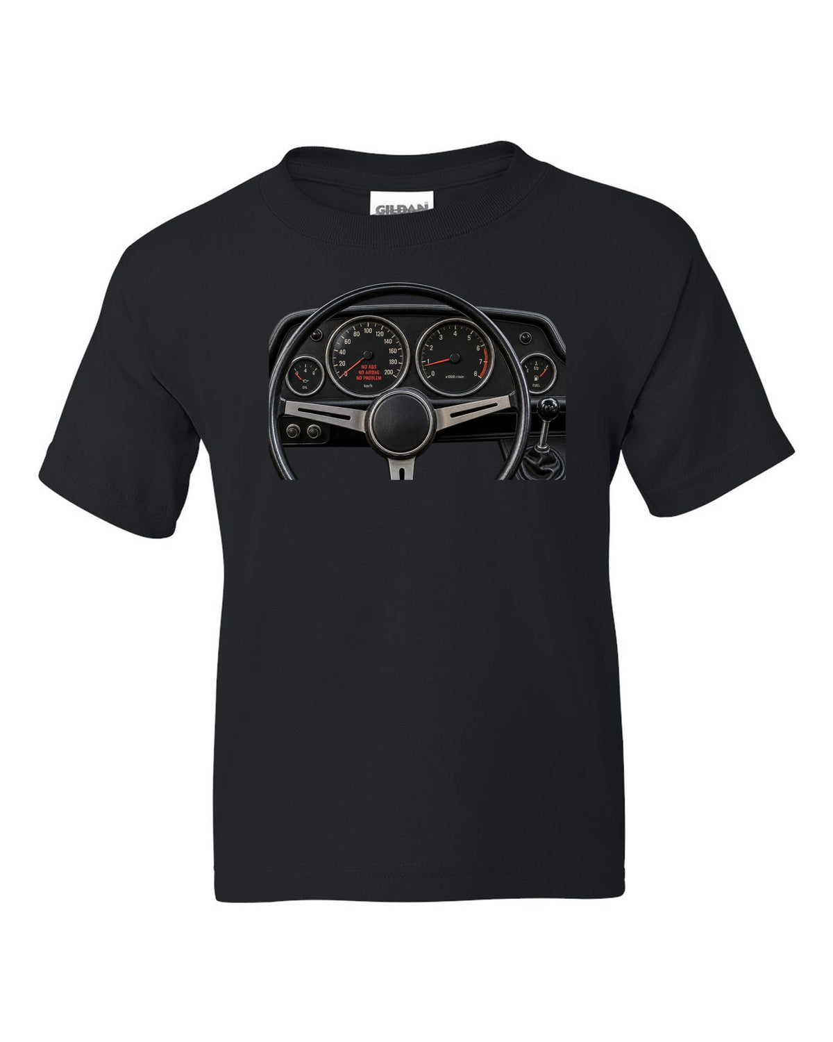 BMW 2002 cockpit gauge print with no ABS no airbag no problem text black kids tee front view with the design