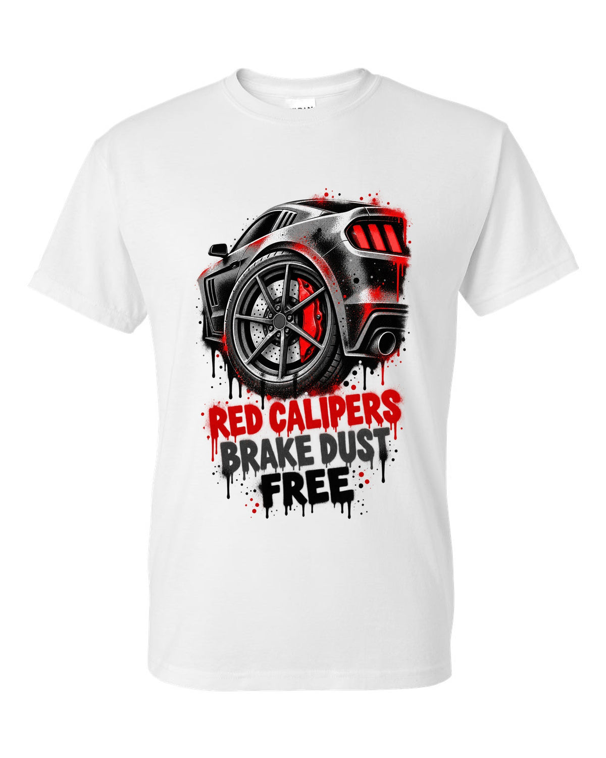 Stencil spray street art print of Kia Stinger GT CK red calipers with brake dust text white t-shirt front view with the design