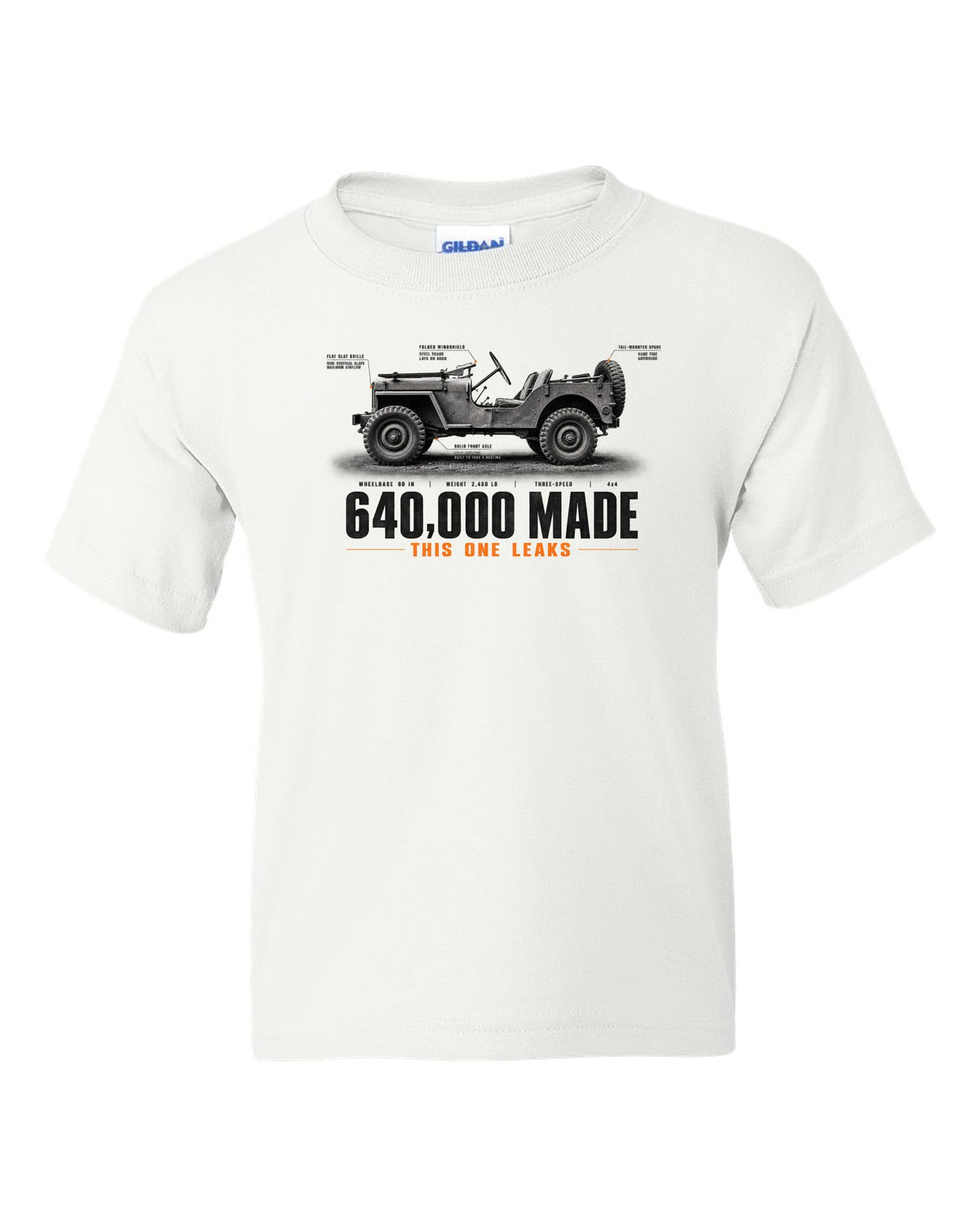 Spec poster print for the Willys MB and Ford GPW, 640,000 made white kids tee front view with the design