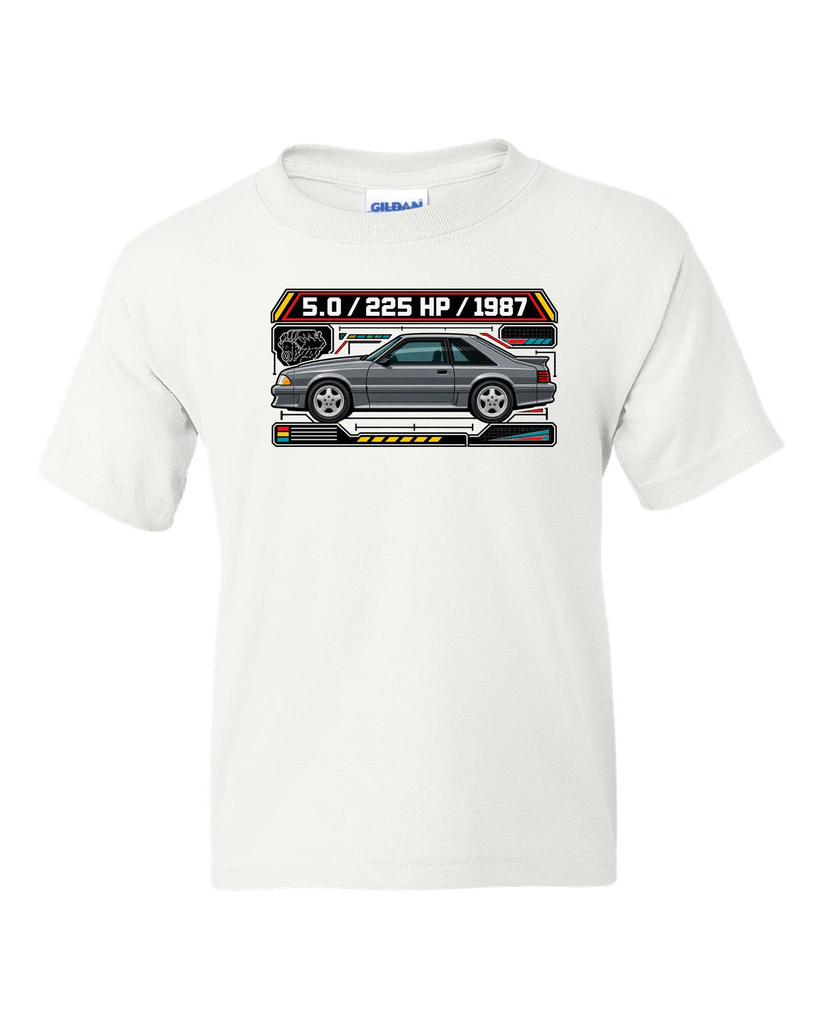 Spec-sheet data plate print of a 1987 Ford Mustang Fox Body GT chback white kids tee front view with the design