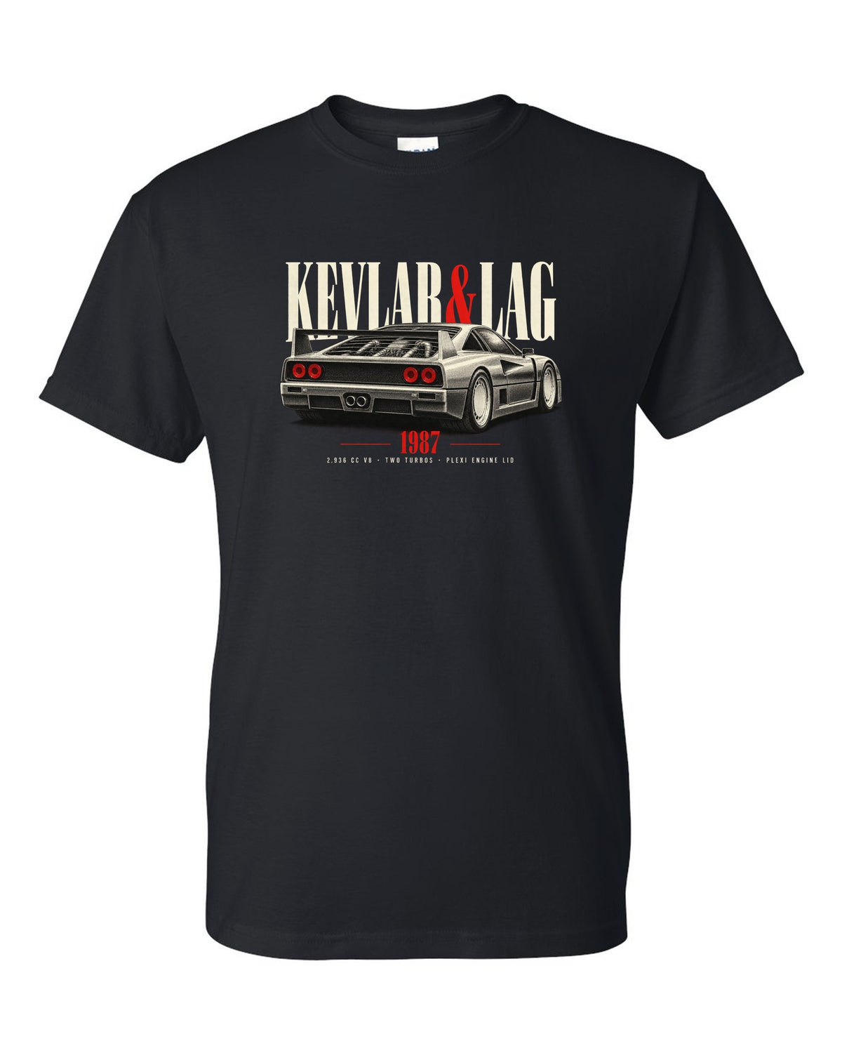 Ferrari F40 1987 rear three-quarter print headed Kevlar and Lag, 2,936 cc V8 black t-shirt front view with the design