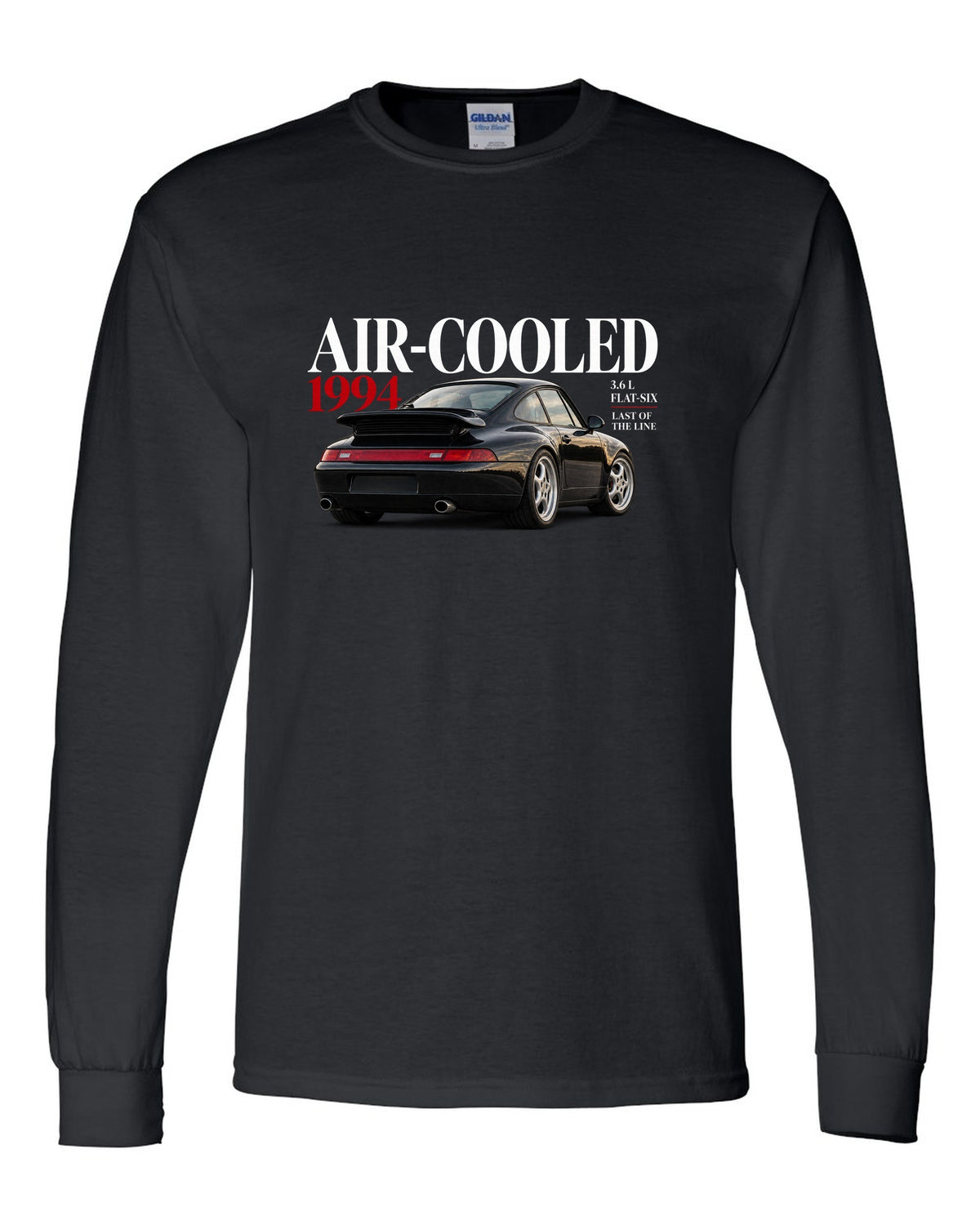 Editorial print of a Porsche 911 993 Carrera coupe with Air-Cooled 1994 3.6 L flat-six lettering black long sleeve front view with the design