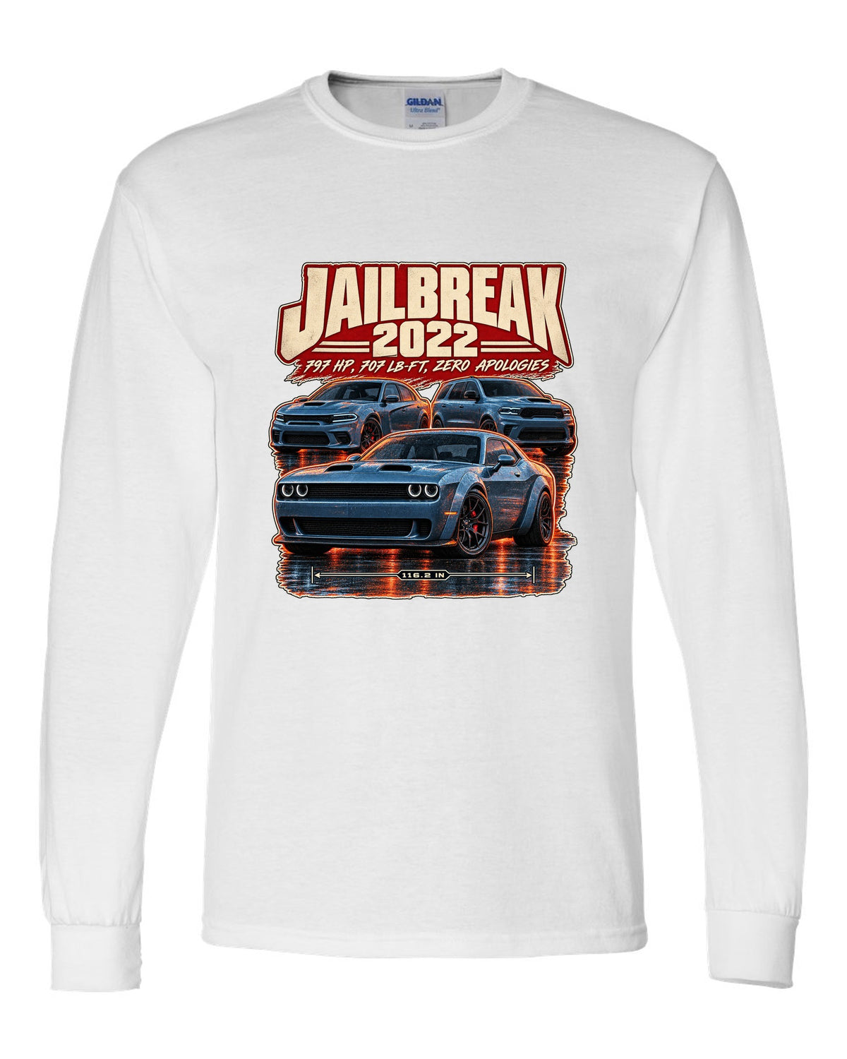 Dodge Challenger Hellcat Redeye Jailbreak 2022 street poster print white long sleeve front view with the design