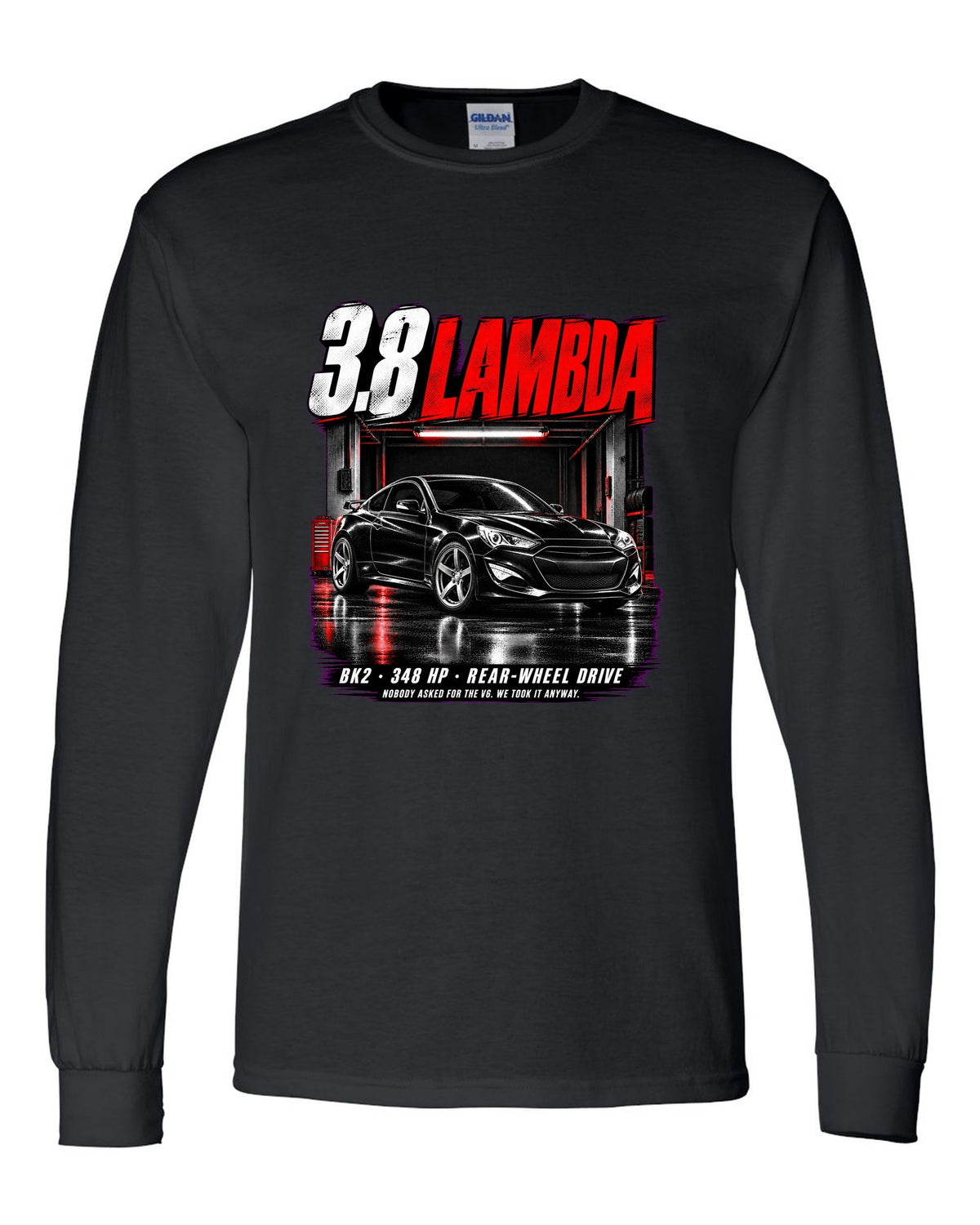 Hyundai Genesis Coupe BK2 3.8 Track in a garage at night with spec text black long sleeve front view with the design