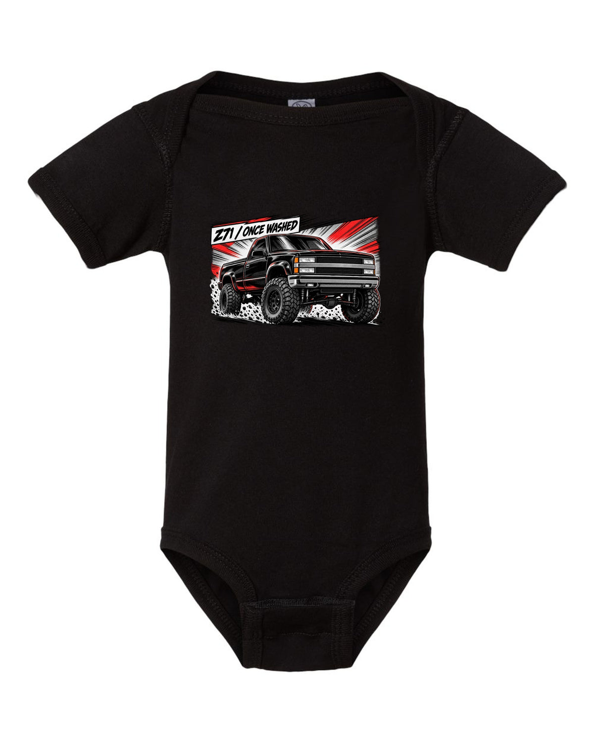 Retro manga halftone panel print of a 1988-98 Chevrolet GMT400 K1500 Z71 OBS with Z71 once washed lettering black baby onesie front view with the design