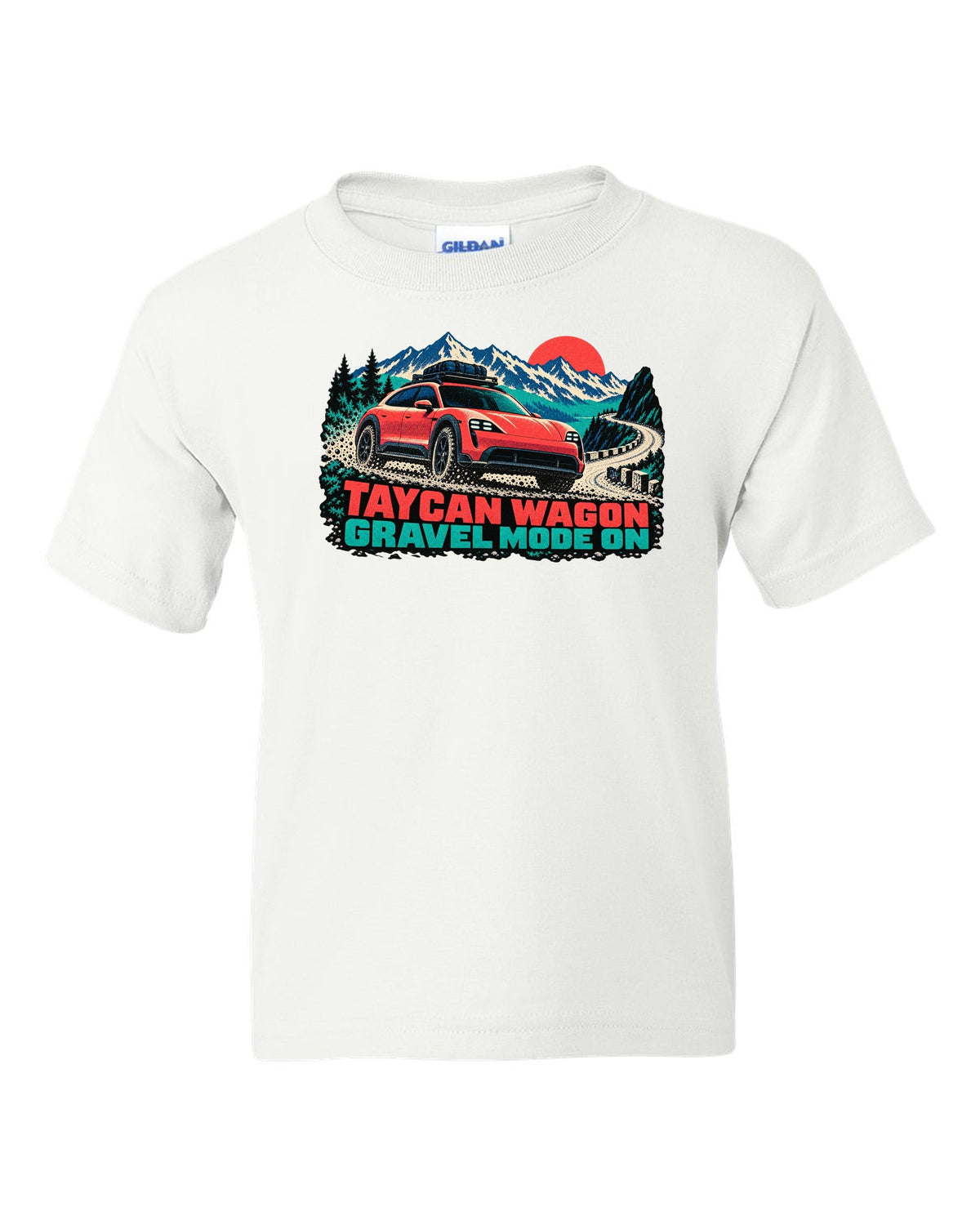 Porsche Taycan Cross Turismo Y1B risograph print with the text Taycan wagon gravel mode on white kids tee front view with the design