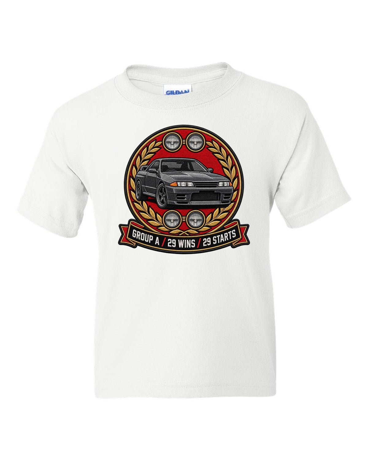Embroidery-style round crest print for the Nissan Skyline GT-R R32 BNR32 with Group A 29 wins text white kids tee front view with the design