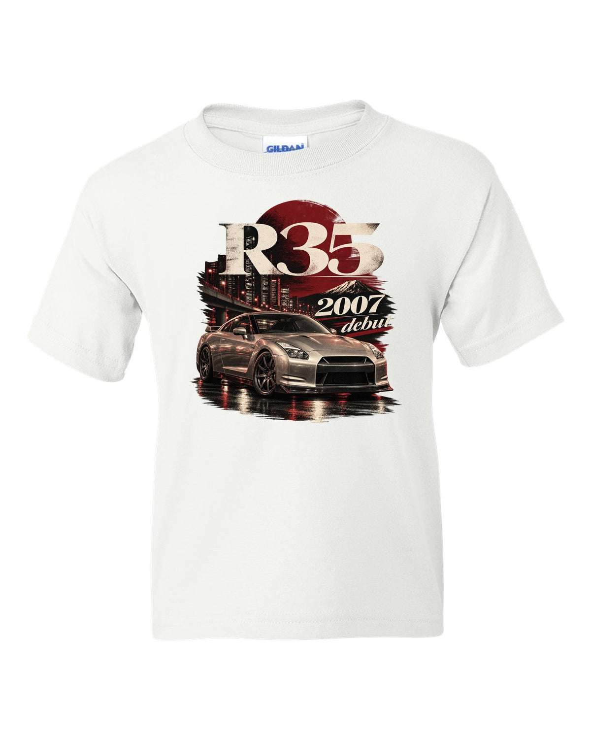 Nissan GT-R R35 2007 debut shape in warm silver on an archive panel white kids tee front view with the design