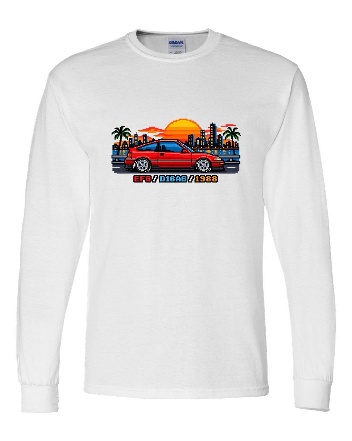 16-bit pixel art Honda CRX EF8 print with D16A6 and 1988 text white long sleeve front view with the design