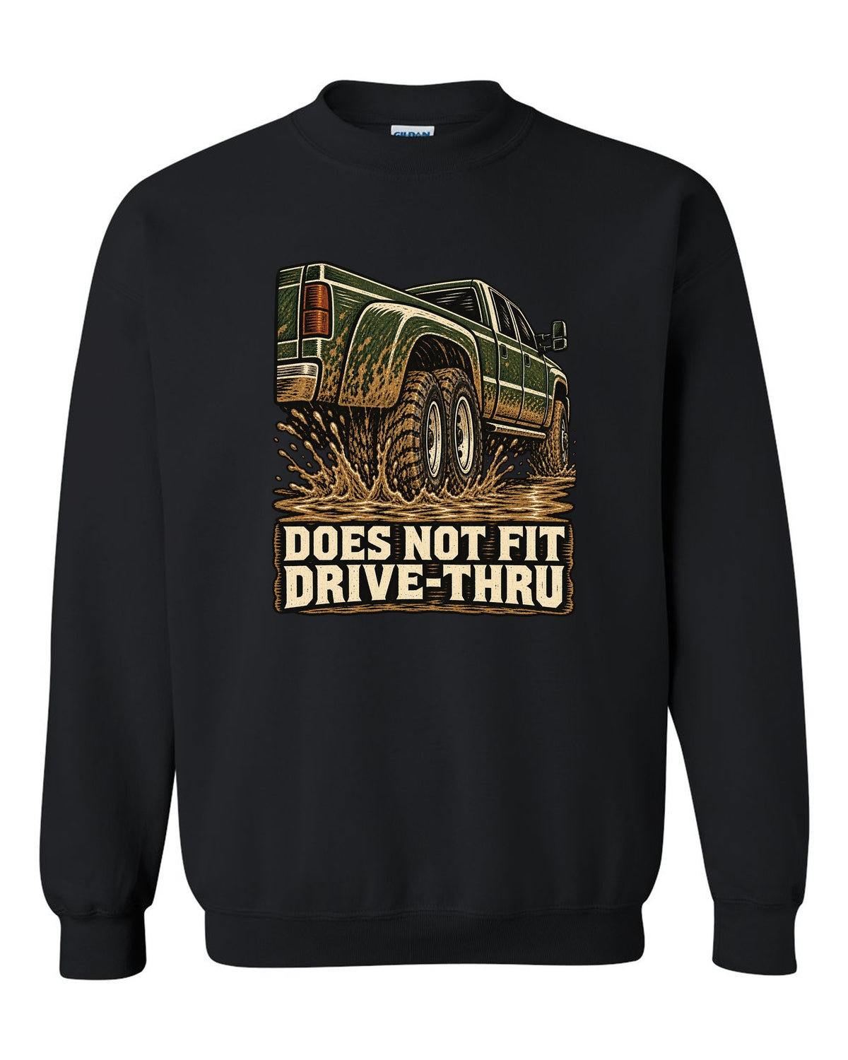 Woodcut print of a 1994-1998 Dodge Ram 3500 dually Cummins with drive-thru text black crewneck front view with the design