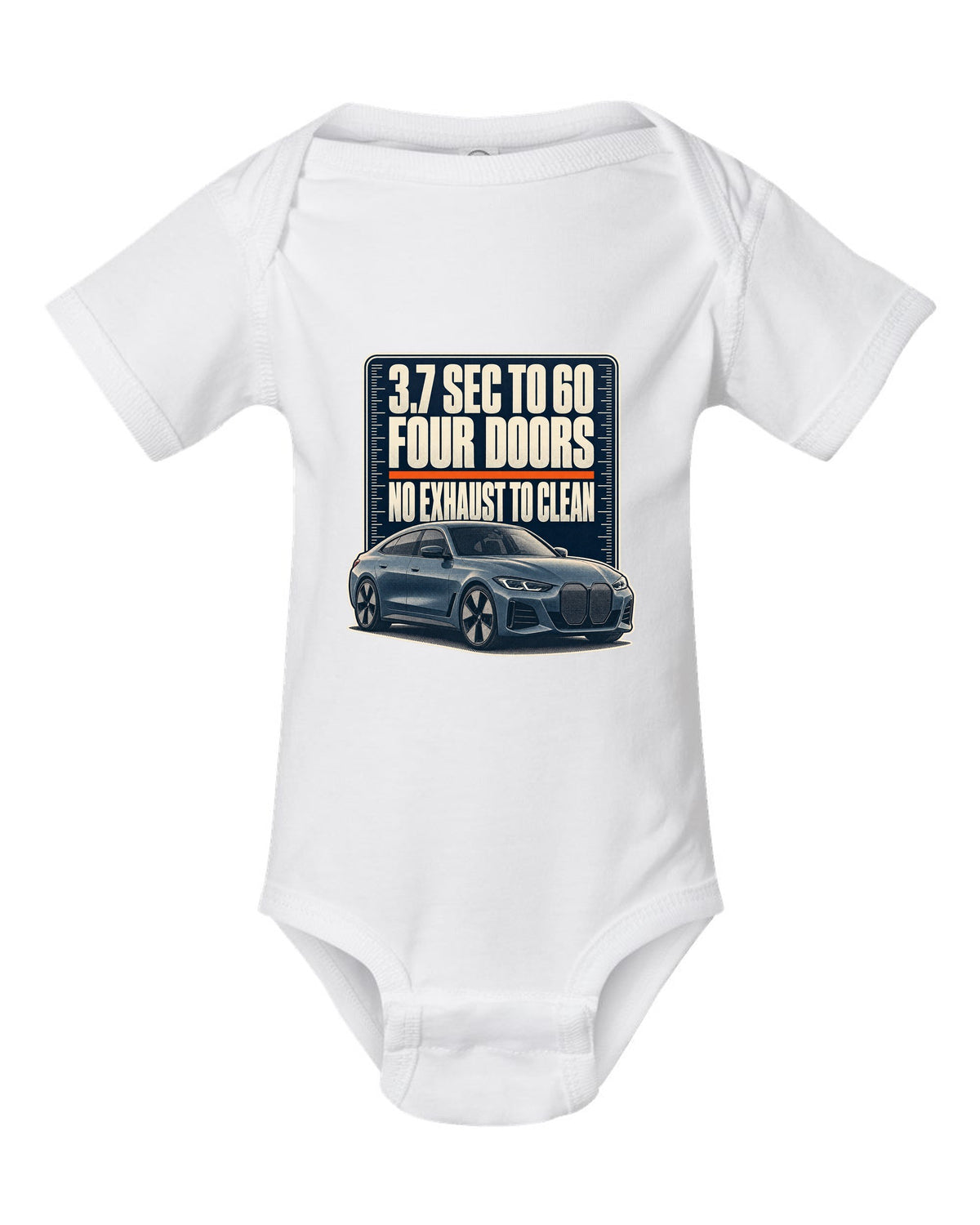 Halftone print of the BMW i4 M50 G26 with 3.7 second 0-60 time white baby onesie front view with the design