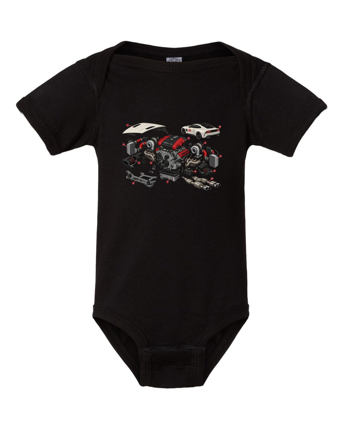 Isometric exploded cutaway print of the Kia Stinger GT CK Lambda II 3.3T engine black baby onesie front view with the design