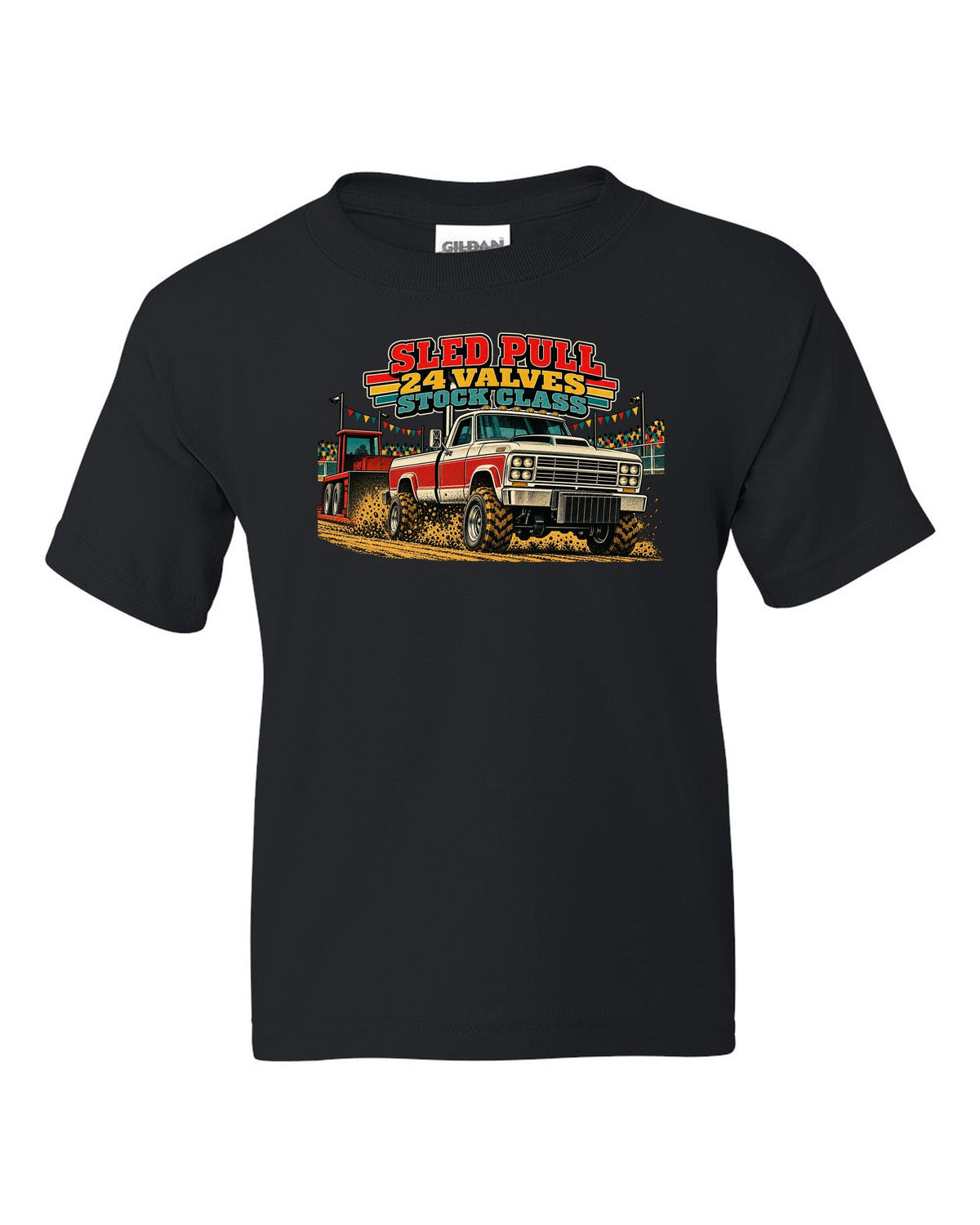 Vintage race poster print of a 1998.5-2002 Ram 2500 24V Cummins for a sled pull black kids tee front view with the design