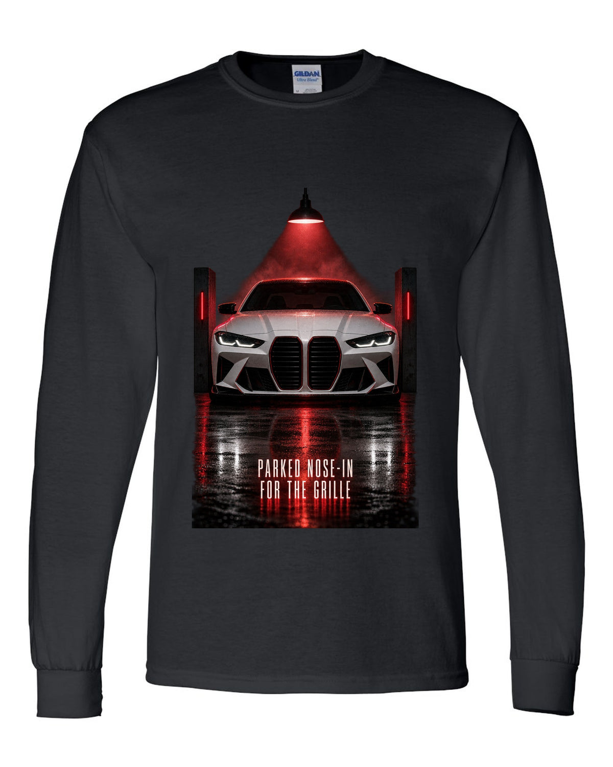 BMW G80 M3 garage night print with parked nose-in for the grille text black long sleeve front view with the design