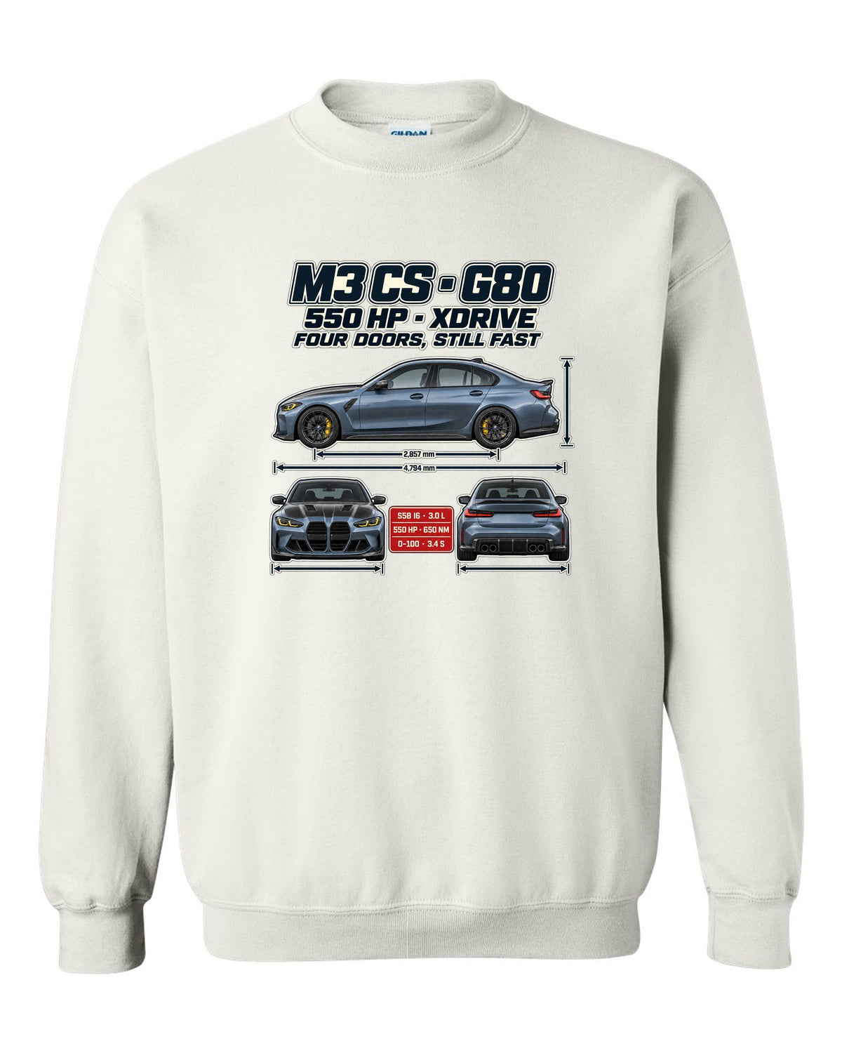 BMW M3 CS G80 2023 spec poster print white crewneck front view with the design