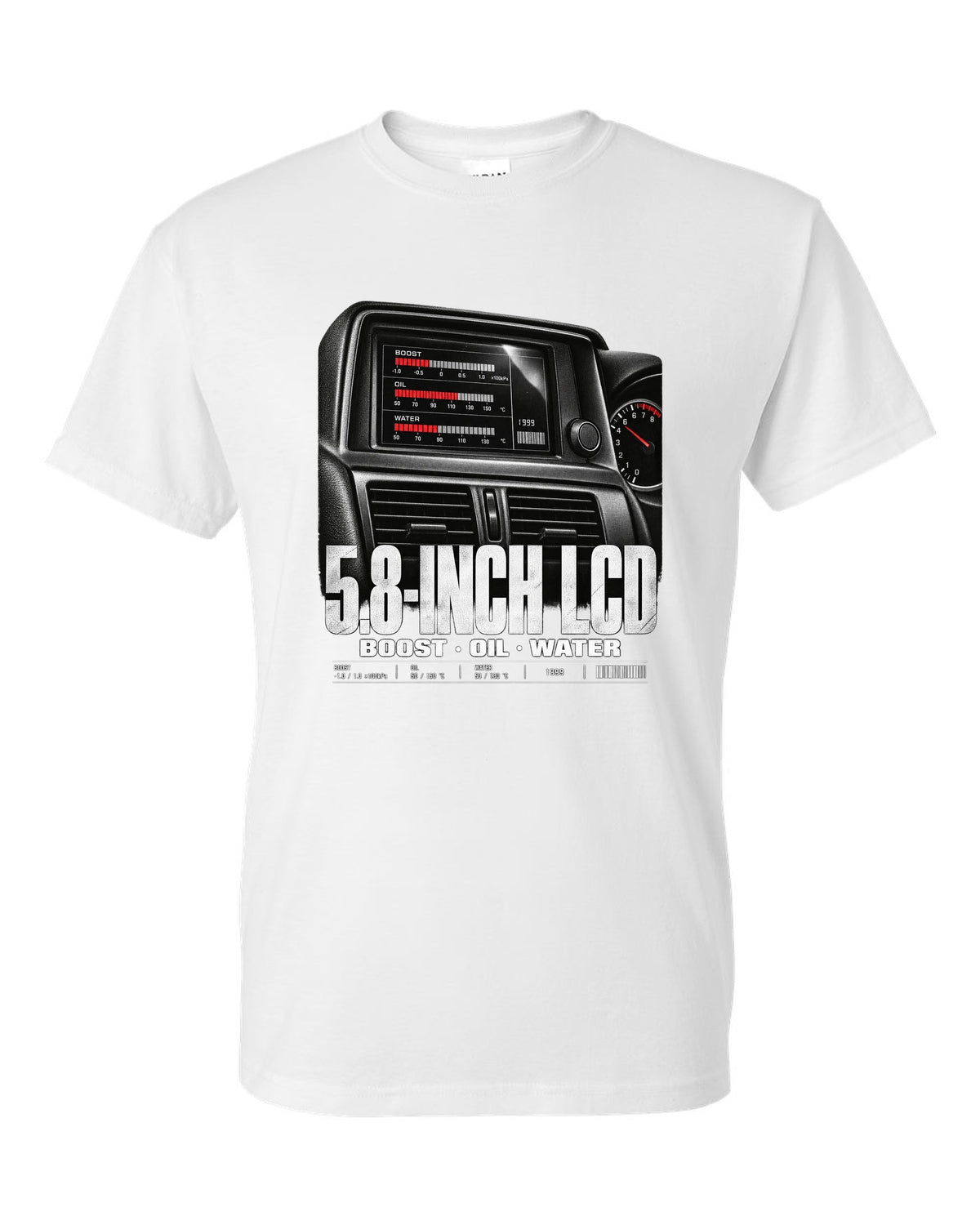 Multifunction display screen of a Nissan Skyline GT-R R34 showing boost, oil and water readings white t-shirt front view with the design