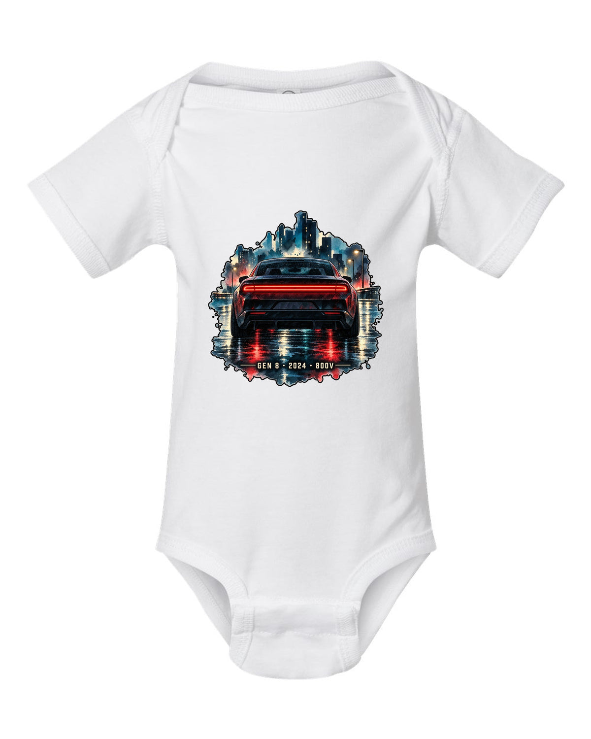 Watercolour night scene of a 2024 Dodge Charger Daytona EV on a wet road with Gen 8 lettering white baby onesie front view with the design