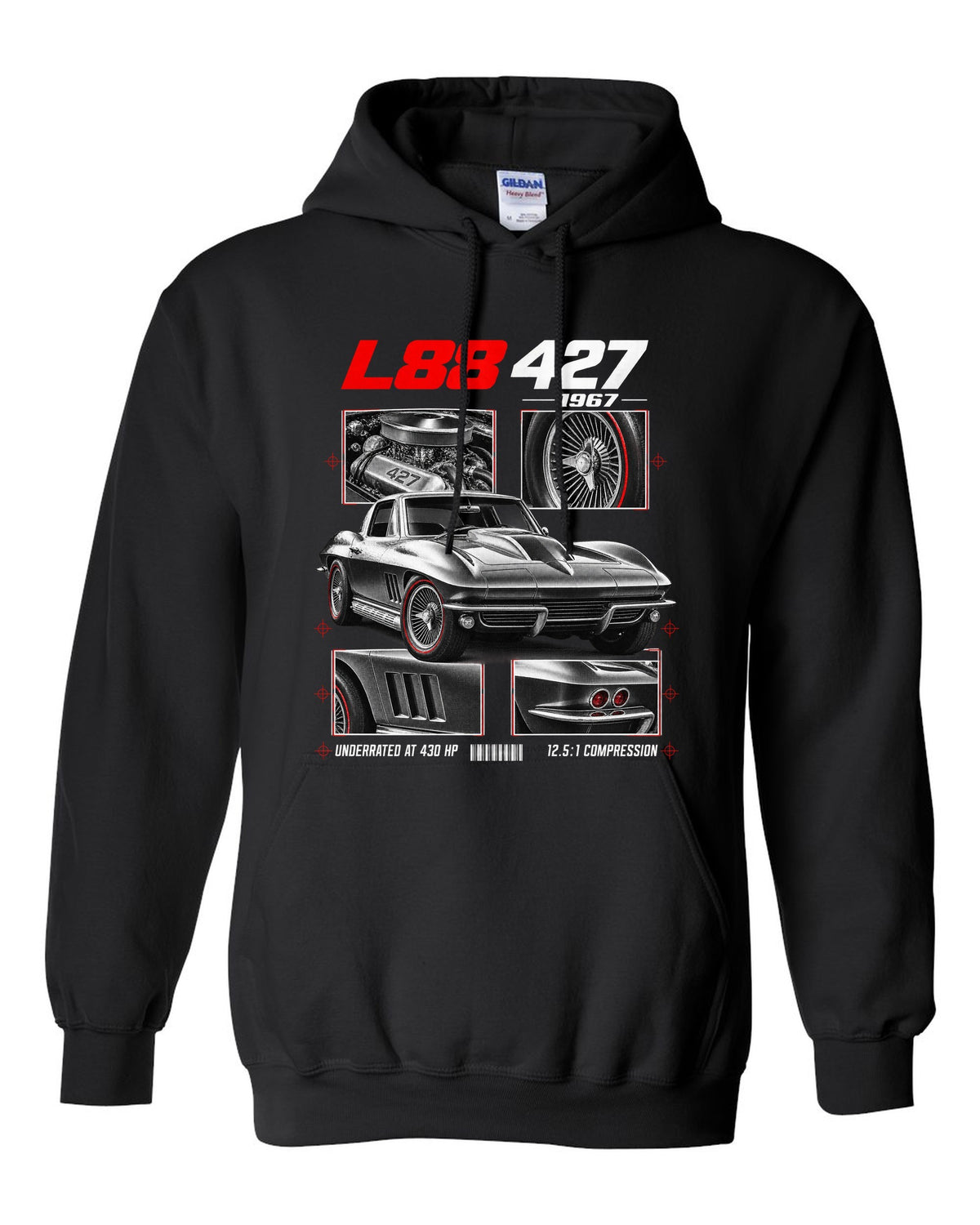Chevrolet Corvette C2 Sting Ray 1967 L88 427 dossier print black pull over hoodie front view with the design