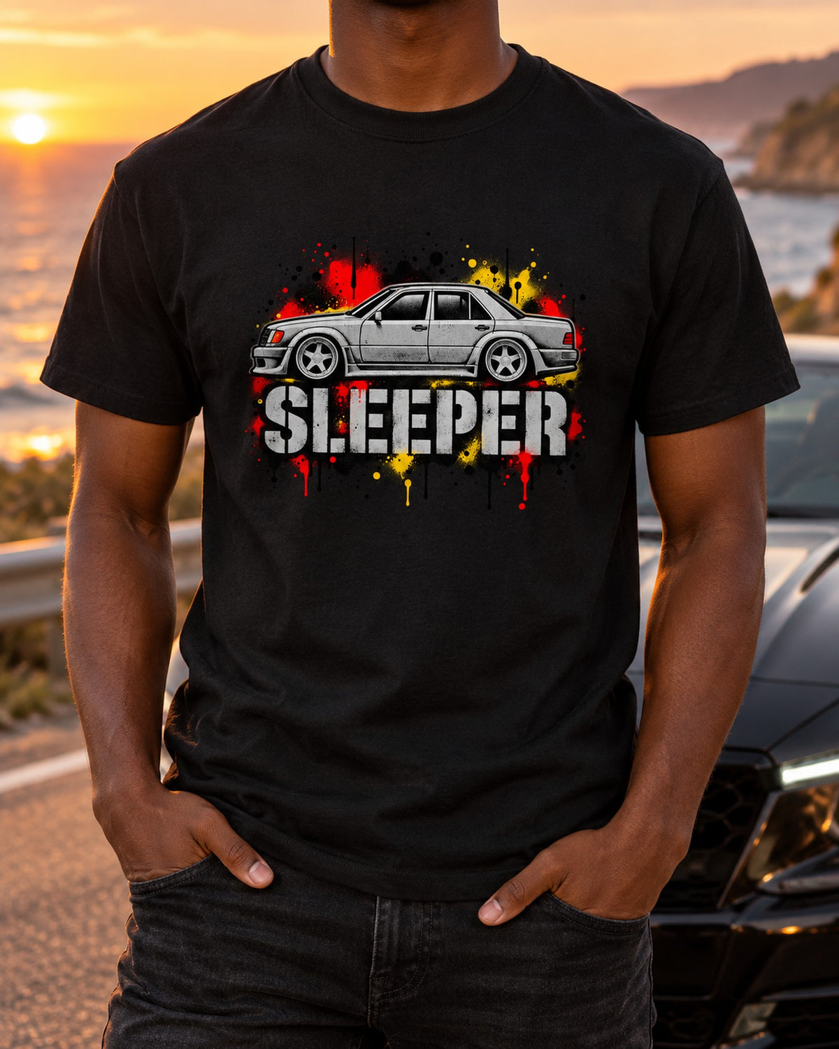 Mercedes 300E 5.6 Hammer W124 Varsity Crest Tee, 1986-1990 T-Shirt Black worn hero