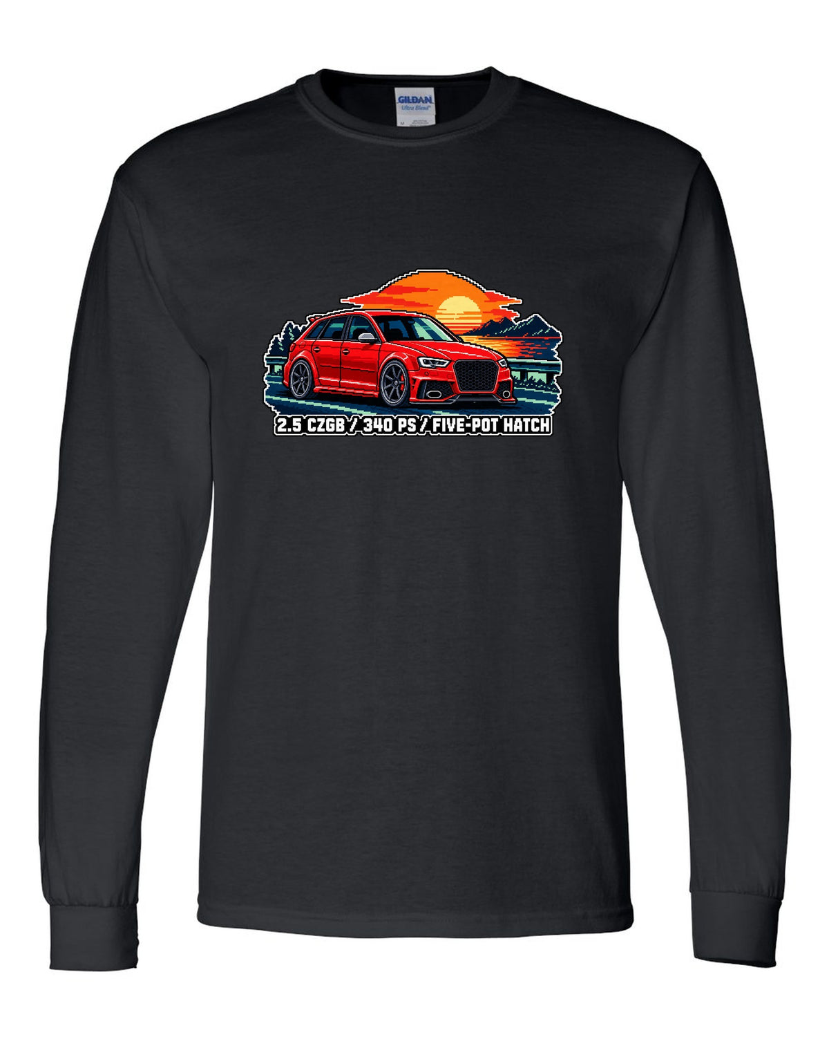 16-bit pixel art print of an Audi RS3 Sportback 8P with 2.5 CZGB text black long sleeve front view with the design