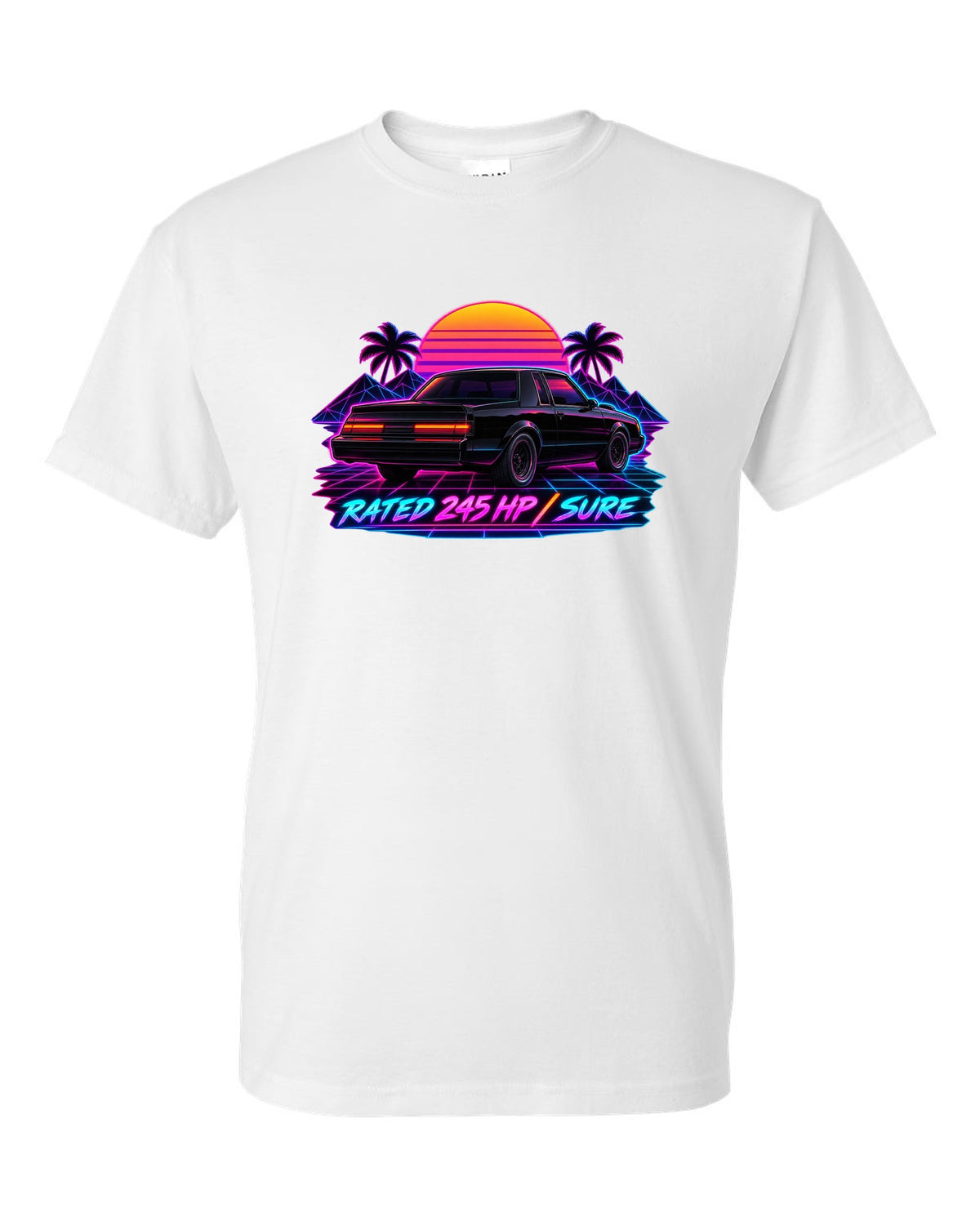 Synthwave print of 1987 Buick Grand National taillights with the text Rated 245 HP, Sure white t-shirt front view with the design