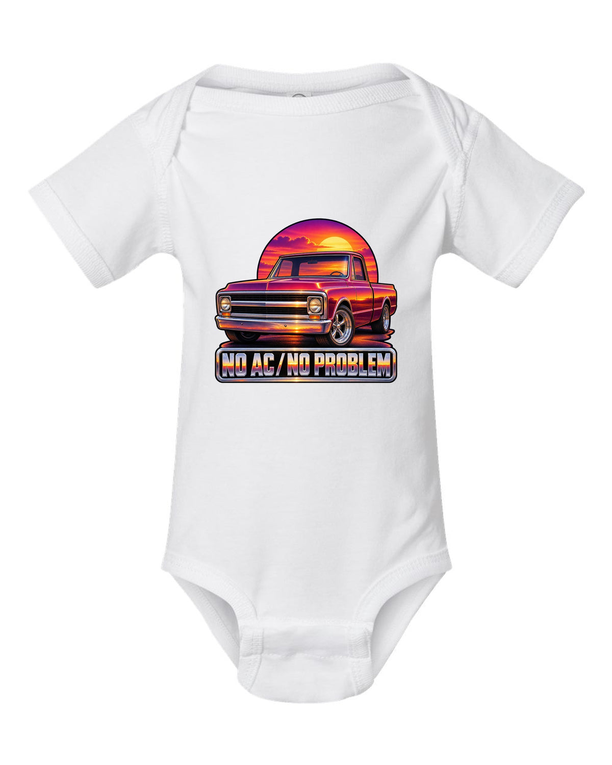 70s airbrush sunset grille print of a 1967-72 Chevrolet C10 Action Line Fleetside with no AC text white baby onesie front view with the design