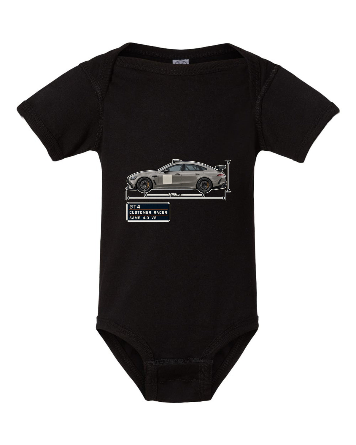 Mercedes-AMG GT4 unliveried spec poster print black baby onesie front view with the design