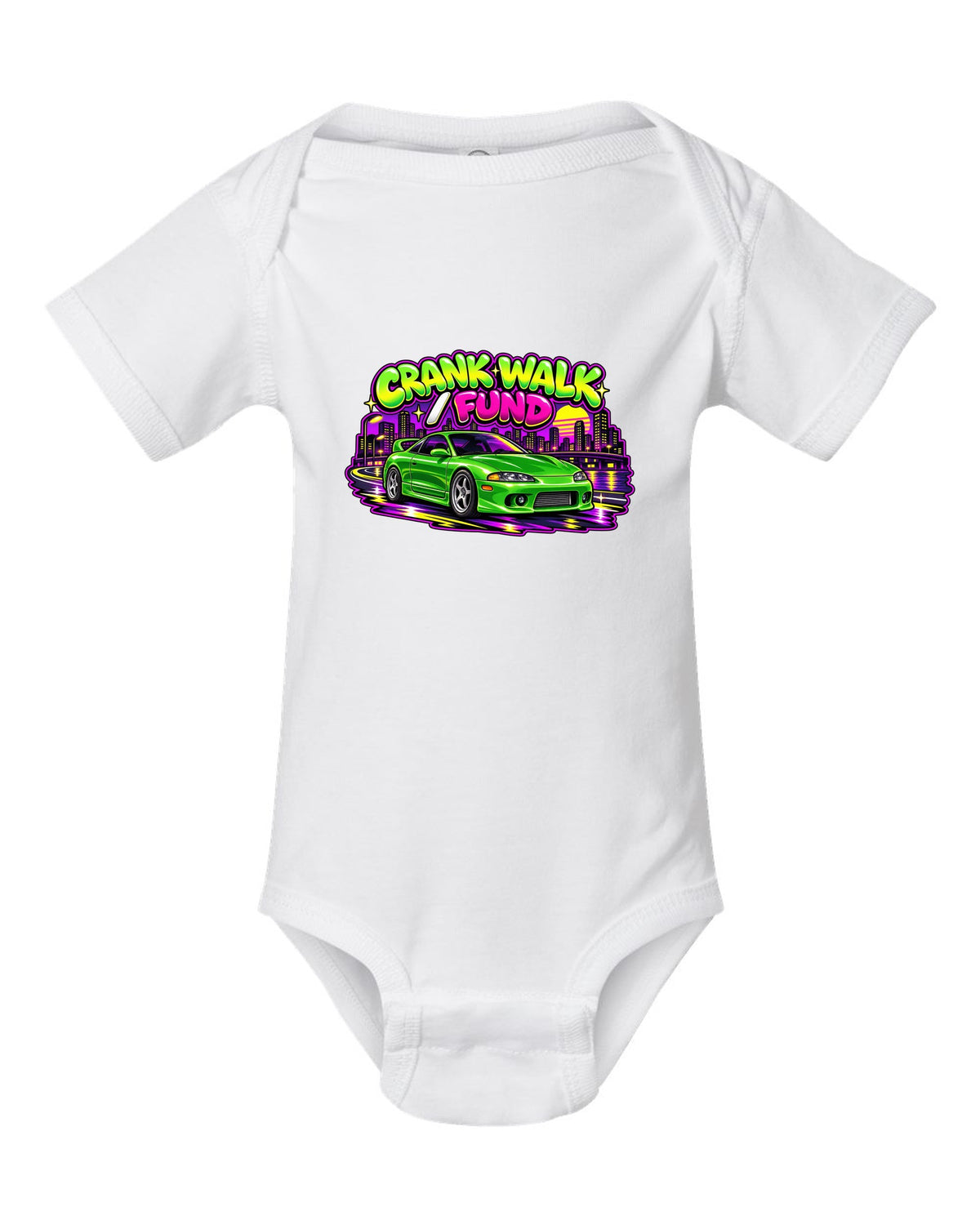 Retro 90s Saturday-morning cartoon style print of a green Mitsubishi Eclipse GSX 2G with crank walk fund text white baby onesie front view with the design